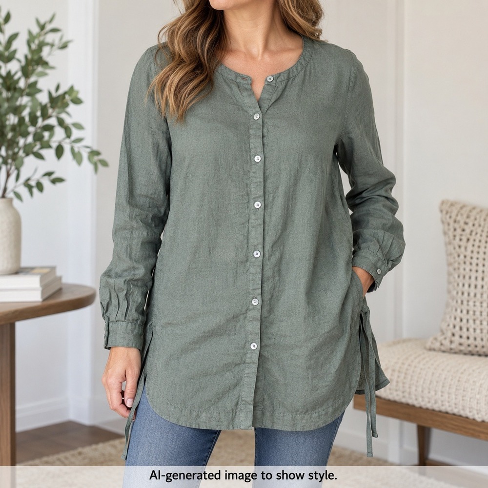 JJill Love Linen 100% Linen Button Down Tunic Shirt Olive Green Women Size M